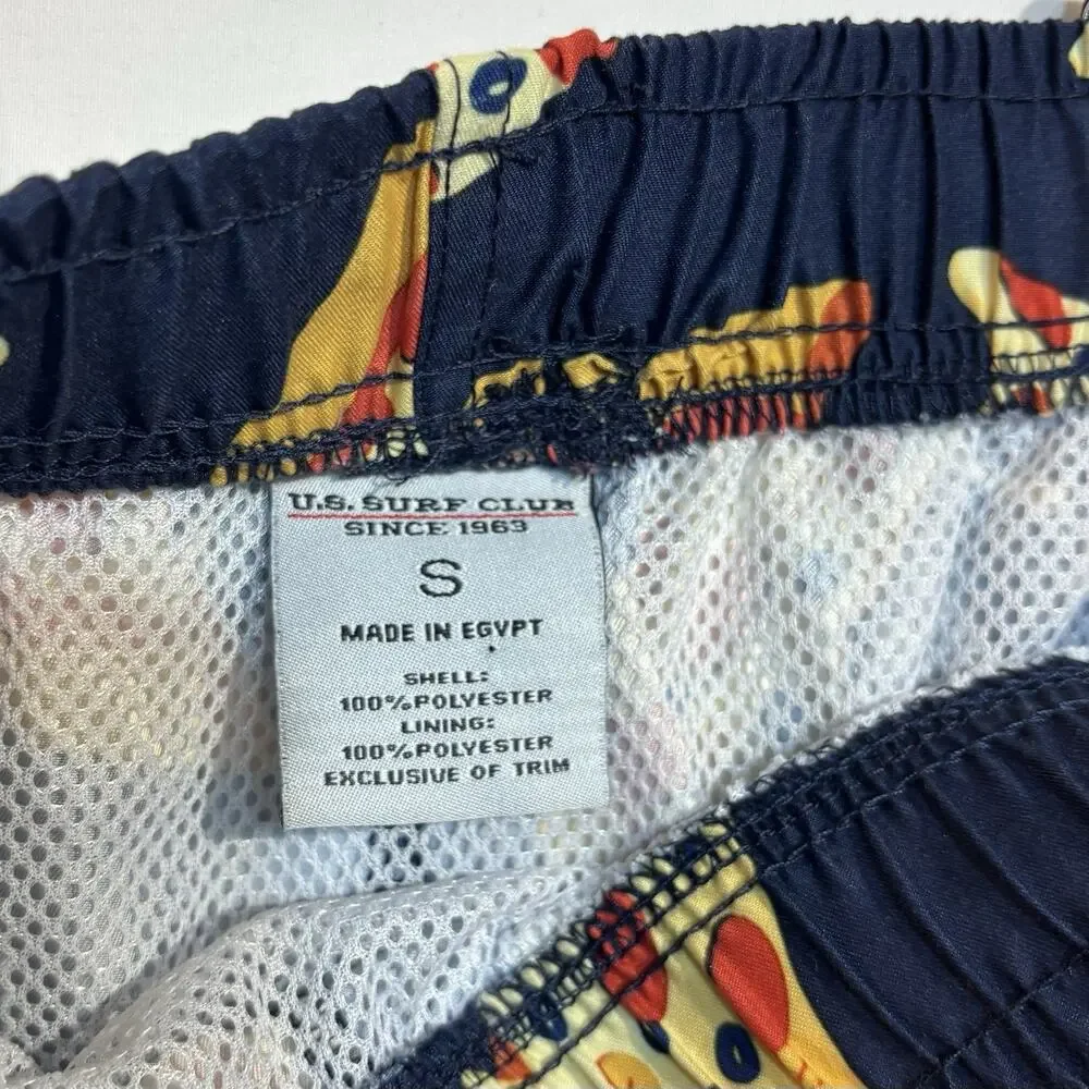 U.S. Surf Club Pizza Print Swim Trunks Mens Small Blue Mesh Lined Beach Shorts